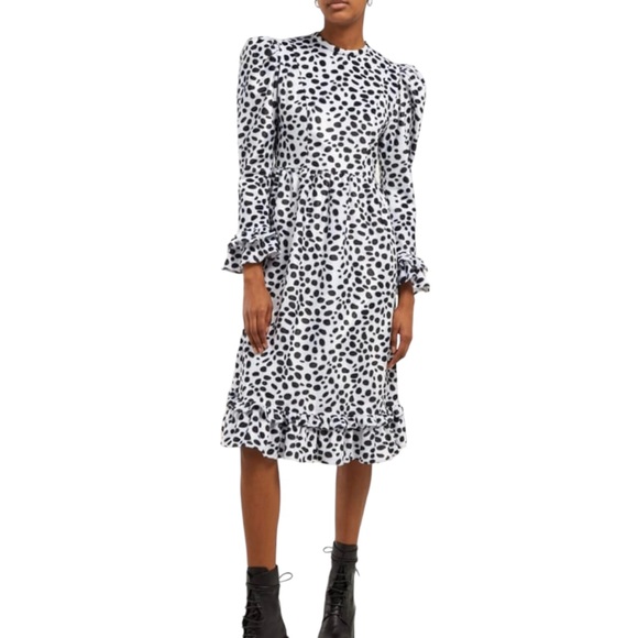 Batsheva Dresses & Skirts - Batsheva Dalmation Print Black And White Velvet Ruffle Dress 6